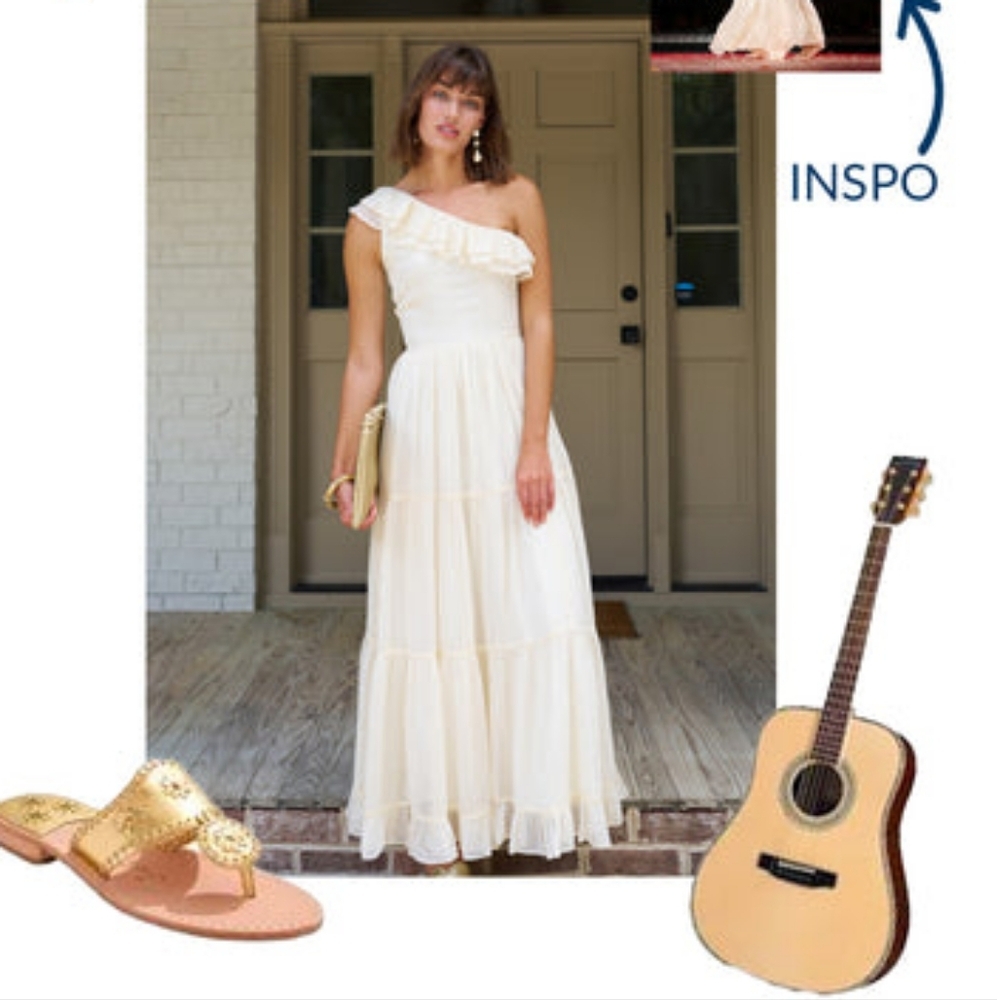 CABANA LIFE Ivory-Gold Metallic One Shoulder Maxi Dress NWT